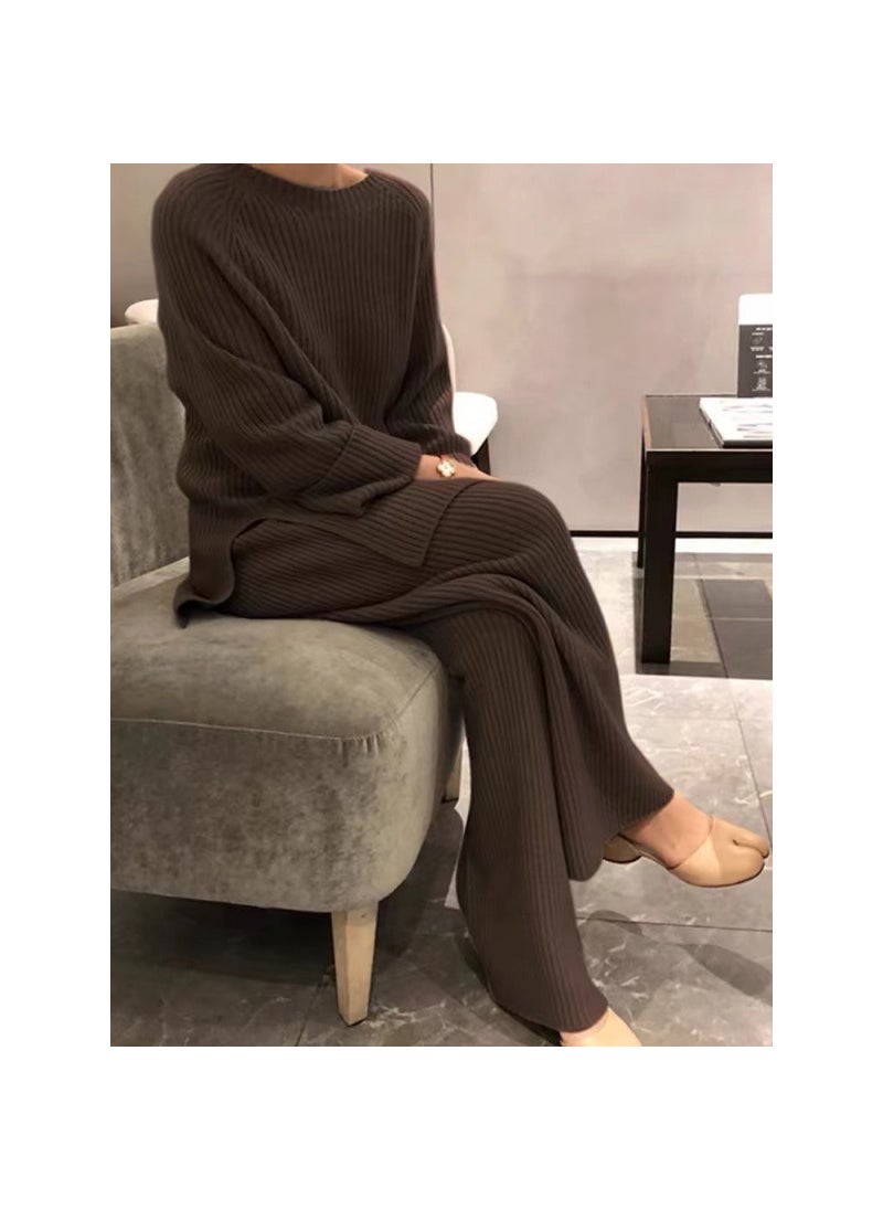 Generic - Fashionable Knitted Sweater Jacket Two-piece Suit Womens Bell Bottoms Sweater Pullovers Spring Autumn New Arrival coffee/brown suit - Image 1