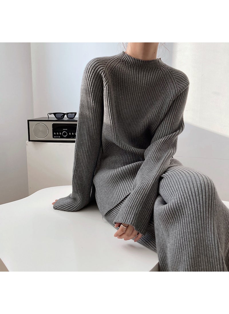 Generic - Fashionable Knitted Sweater Jacket Two-piece Suit Womens Bell Bottoms Sweater Pullovers Spring Autumn New Arrival coffee/brown suit - Image 1