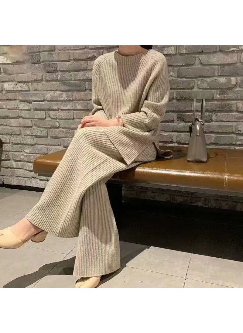 Generic - Fashionable Knitted Sweater Jacket Two-piece Suit Womens Bell Bottoms Sweater Pullovers Spring Autumn New Arrival coffee/brown suit - Image 1