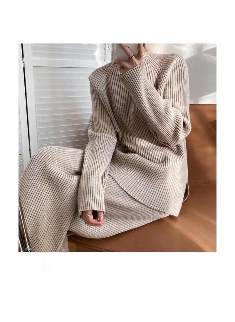 Generic - Fashionable Knitted Sweater Jacket Two-piece Suit Womens Bell Bottoms Sweater Pullovers Spring Autumn New Arrival coffee/brown suit - Image 1