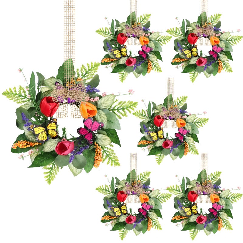 YLOLUL 6 PCS Mini Spring Summer Kitchen Cabinet Wreaths Small Butterfly Tulip Lavender Eucalyptus for Front Door with Ribbon Berry Spring Floral Silk Flowers Wreath for Porch Wall Window Farmhouse Decor - Image 1