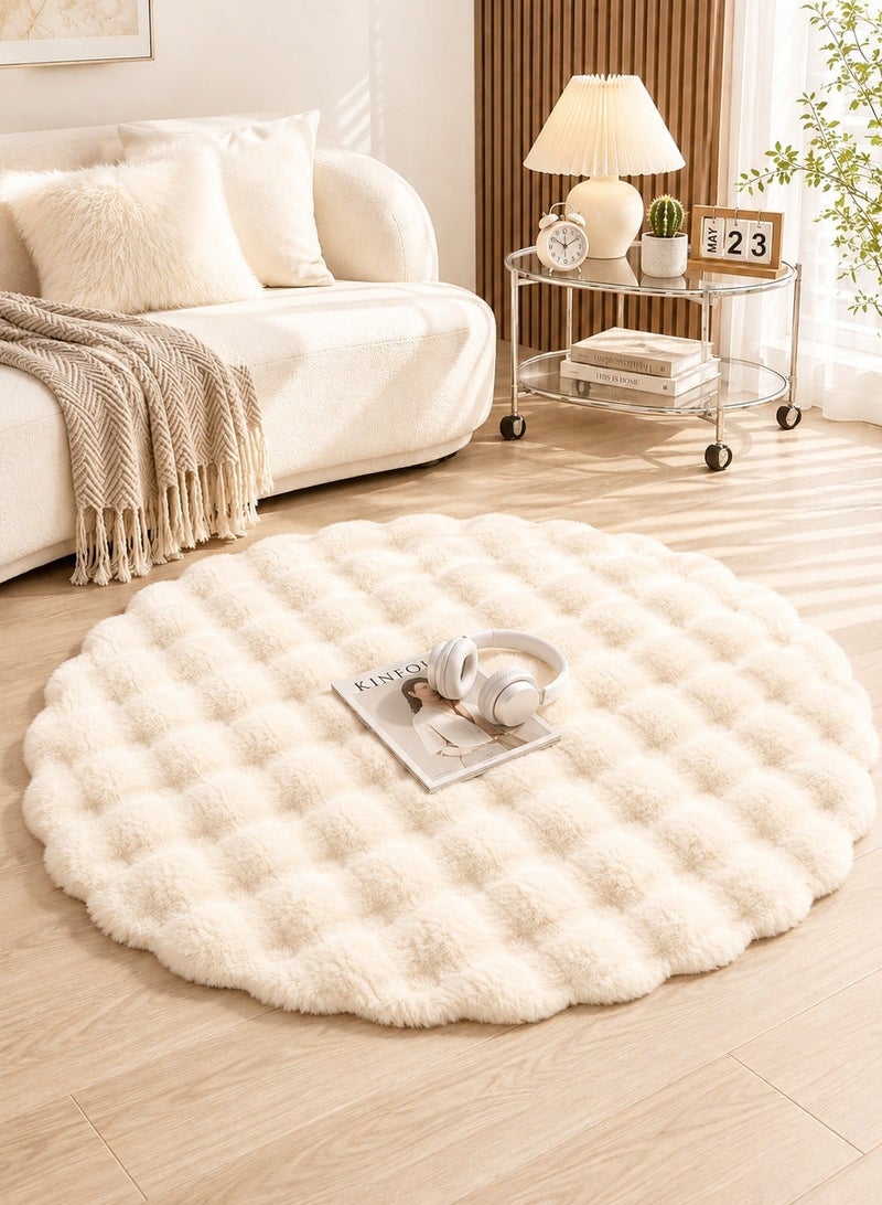 GOOGO 80cm Round Rabbit Plush Rug for the Bedroom, Living Room, or Sofa; Faux Fur Fluffy Shaggy Circle Rug for Kids' and Teen Girls' Rooms; Furry Circular Rug for the Nursery or Baby's Room; Beige - Image 1