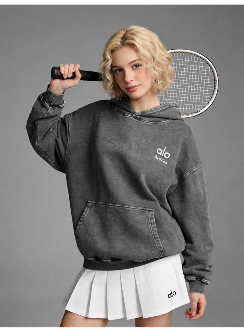 ALo728 Large Washed Grey Hoodie - Men's and Women's Soft Cotton Hoodie with Minimalist Logo and Kangaroo Pocket, Fashionable Vitality Top, Personalized Versatile Hoodie, Thickened Warmth Collection - Image 1