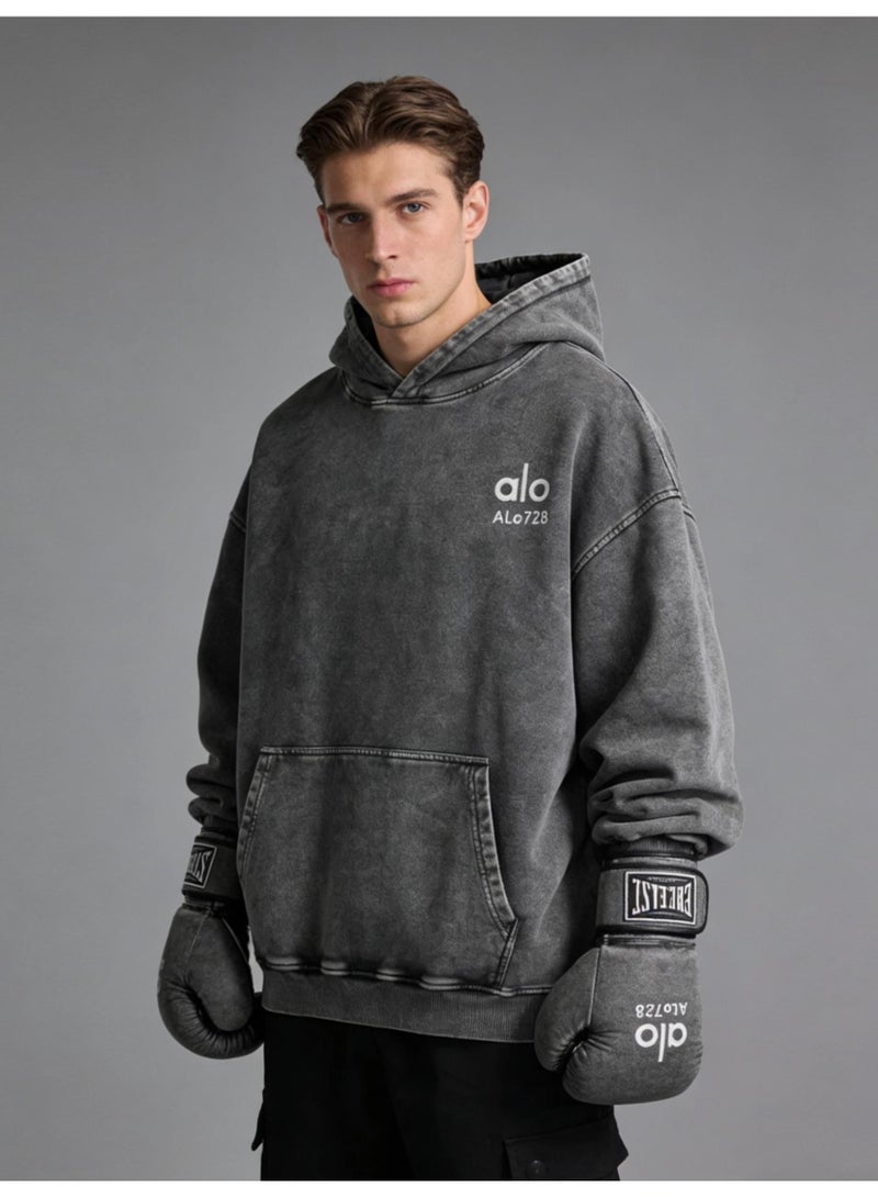 ALo728 Large Washed Grey Hoodie - Men's and Women's Soft Cotton Hoodie with Minimalist Logo and Kangaroo Pocket, Fashionable Vitality Top, Personalized Versatile Hoodie, Thickened Warmth Collection - Image 3