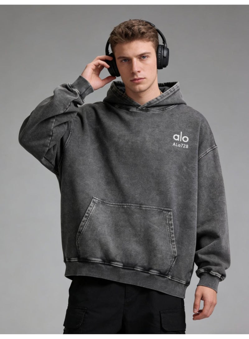 ALo728 Large Washed Grey Hoodie - Men's and Women's Soft Cotton Hoodie with Minimalist Logo and Kangaroo Pocket, Fashionable Vitality Top, Personalized Versatile Hoodie, Thickened Warmth Collection - Image 2