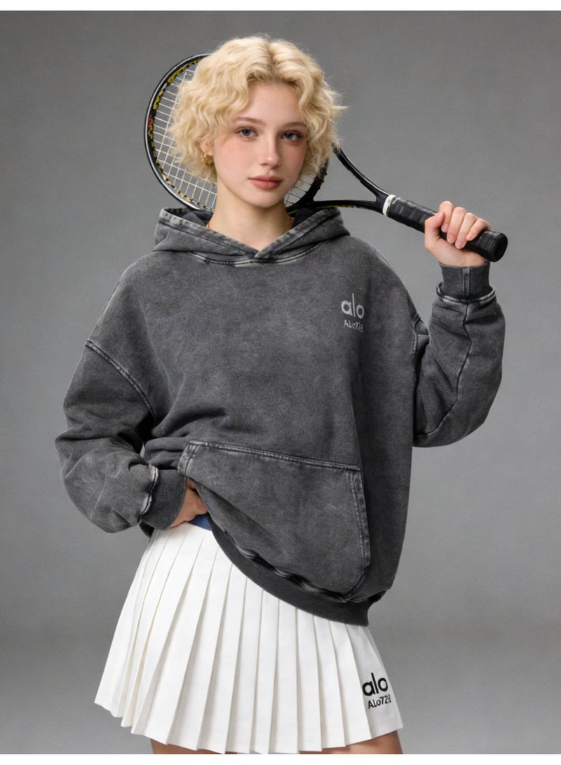 ALo728 Large Washed Grey Hoodie - Men's and Women's Soft Cotton Hoodie with Minimalist Logo and Kangaroo Pocket, Fashionable Vitality Top, Personalized Versatile Hoodie, Thickened Warmth Collection - Image 4