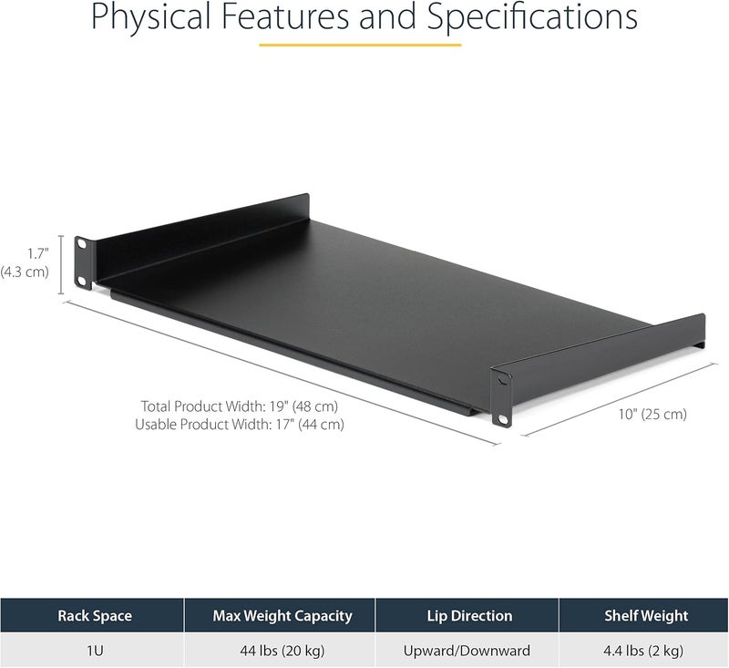 StarTech .com 1U Fixed Server Rack Mount Shelf - 10in Deep Steel Universal Cantilever Tray for 19" AV/Network Equipment Rack - 44lbs (CABSHELF1U10) - Image 2