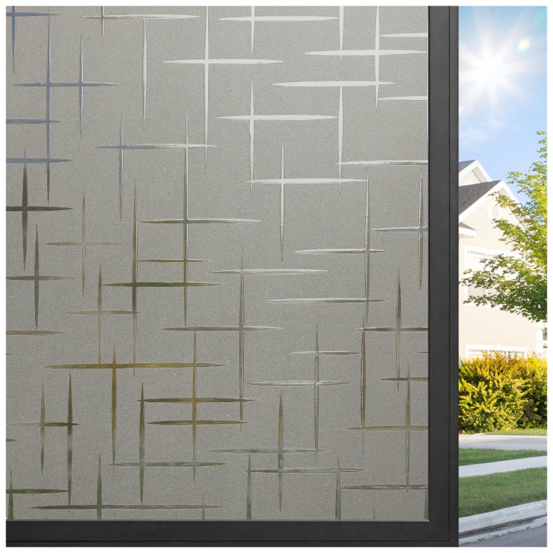 rabbitgoo Window Privacy Film Frosted Glass Window Film, Static Cling Grey Sun Blocking Front Door Cover, Decorative Frosting Privacy Sticker Home Glass Tint, Cross Pattern, Taupe, 17.5" x 78.7" - Image 1