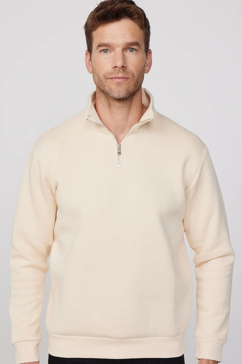 Tudors Cotton Stand Collar Zippered Ecru Unisex Sweatshirt
