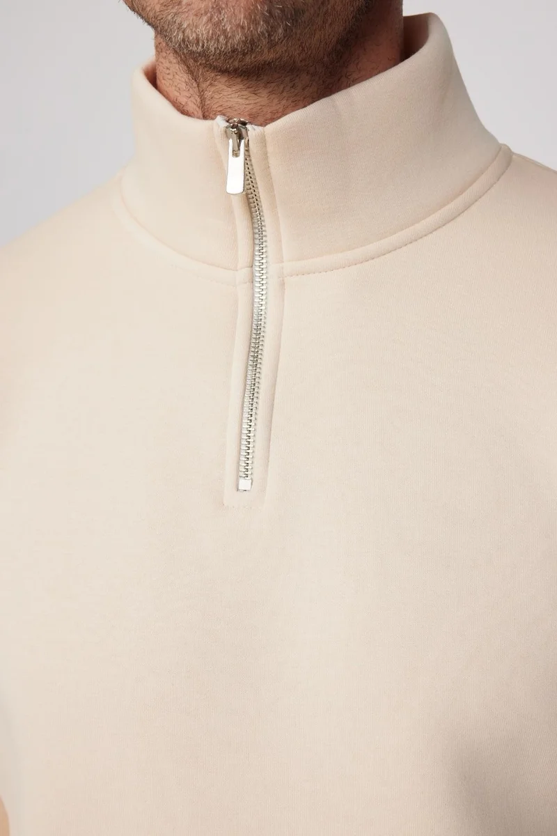 Tudors Cotton Stand Collar Zippered Ecru Unisex Sweatshirt