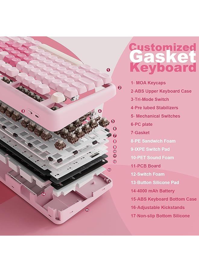 YUNZII B87 Wireless Mechanical Keyboard Qmk/Via Software Custom Gaming Keyboard Gasket Rgb With Cute Moa Keycaps Wrist Rest Bt5.0/2.4G/Usb C Nkro For Win/Mac (Pink Cocoa Cream V2 Switch)  - Image 4