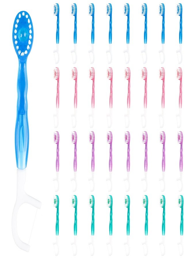 Aecsze 5 in 1 Disposable Mini Toothbrushes Travel Size with Toothpaste, Floss, Pick & Tongue Scraper, Individually Wrapped, Portable Oral Care Set, 32 Packs, Mix 4 Flavors - Image 1