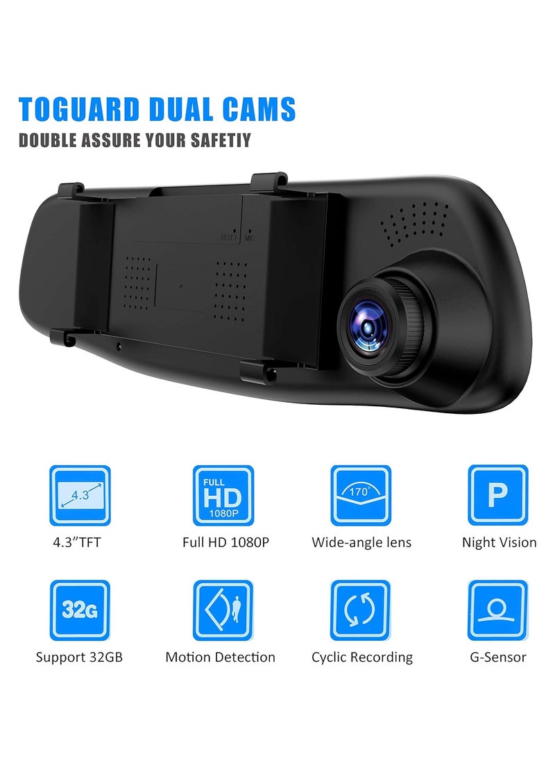 Generic Esenlong Dash Cams for Cars Front and Rear, Dual Lens HD 1080P, 4.3in Car DVR Rearview Mirror Camera, Wide-Angle Dash Cam Video Recorder with Night Vision, G-Sensor, Loop Recording, Parking Monitor  - Image 2