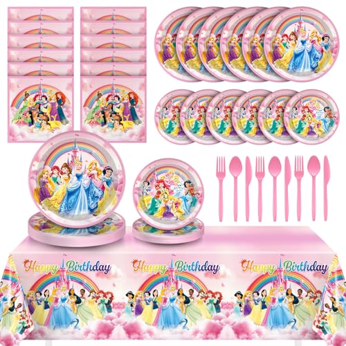 NEW BARLEY 97 Pcs Princess Birthday Party Decorations Princess Plates and Napkins Tableware for Party Prin cess Decor Supplies Set for Girl Birthday Flower Fairytale Dinnerware Serve 16 Guests - Image 1