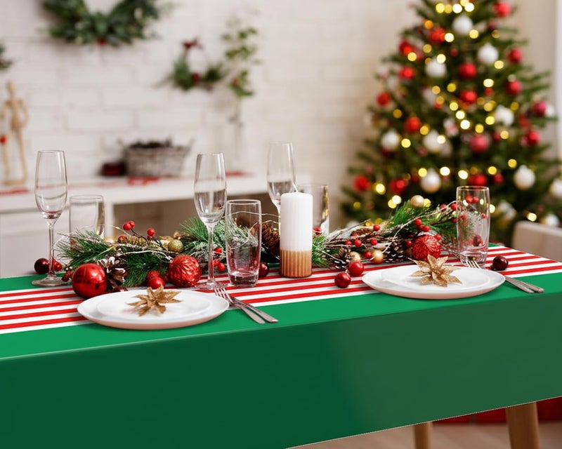 Oudain 6 Pcs Striped Tablecloth 108 x 54 Inch Disposable Plastic Table Cloth Waterproof Tablecloth Rectangle Table Cover for Birthday Wedding Bridal Party Supplies (Red White Green) - Image 4
