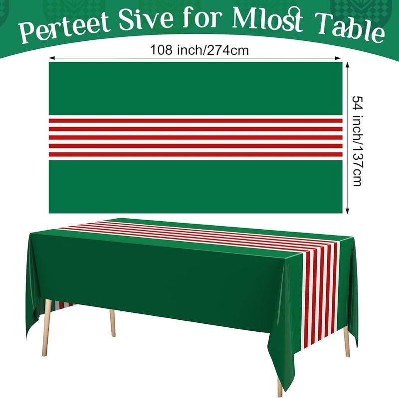 Oudain 6 Pcs Striped Tablecloth 108 x 54 Inch Disposable Plastic Table Cloth Waterproof Tablecloth Rectangle Table Cover for Birthday Wedding Bridal Party Supplies (Red White Green) - Image 2