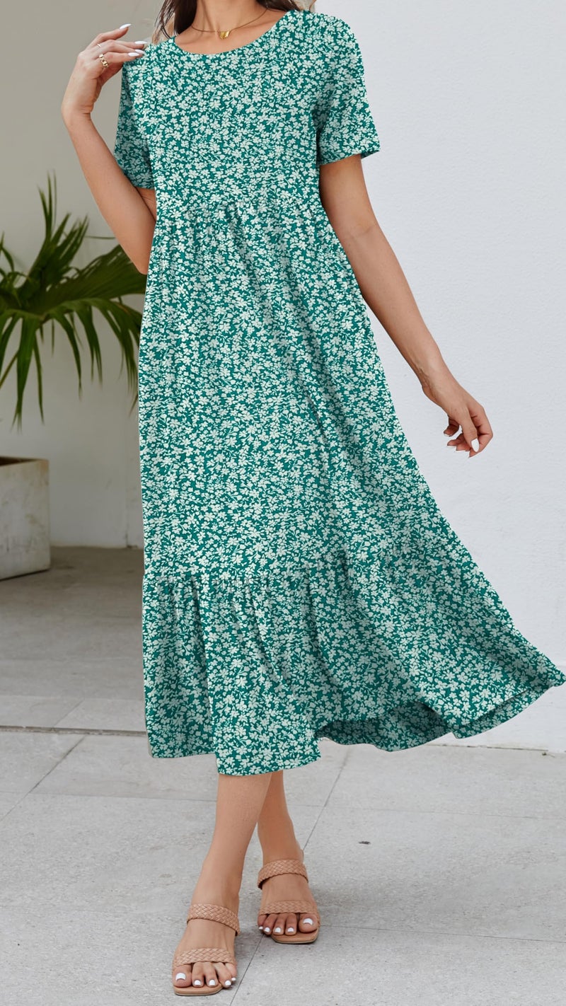 Jeqeocafy Summer Dresses for Women Flowy Maxi Sundress Short Sleeve Tiered Beach Dress with Pockets 2026 Vacation Travel - Image 3