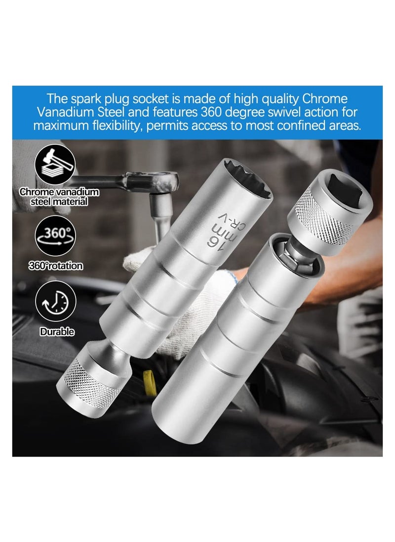2 Pcs Spark Plug Socket 14/ 16mm Universal Joint Magnetic Spark Plug Wrench 3/8-Inch Drive12-Point Thin Wall Spark Plug Socket Spark Plug Removal Tool for Car Repair (14mm & 16mm)