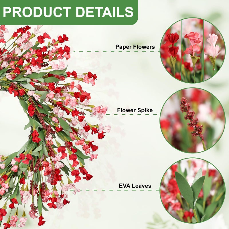 Artgar Front Door Wreath 26 Inch Spring/Summer Wreaths for Front Door, Front Door Wreaths for All Seasons for Indoor Outdoor Home Office Wall Window Wedding Farmhouse Decor (Red Pink) - Image 2