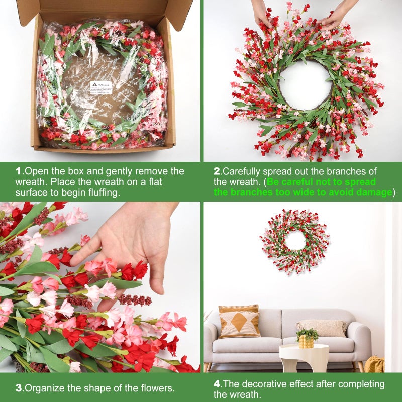 Artgar Front Door Wreath 26 Inch Spring/Summer Wreaths for Front Door, Front Door Wreaths for All Seasons for Indoor Outdoor Home Office Wall Window Wedding Farmhouse Decor (Red Pink) - Image 3