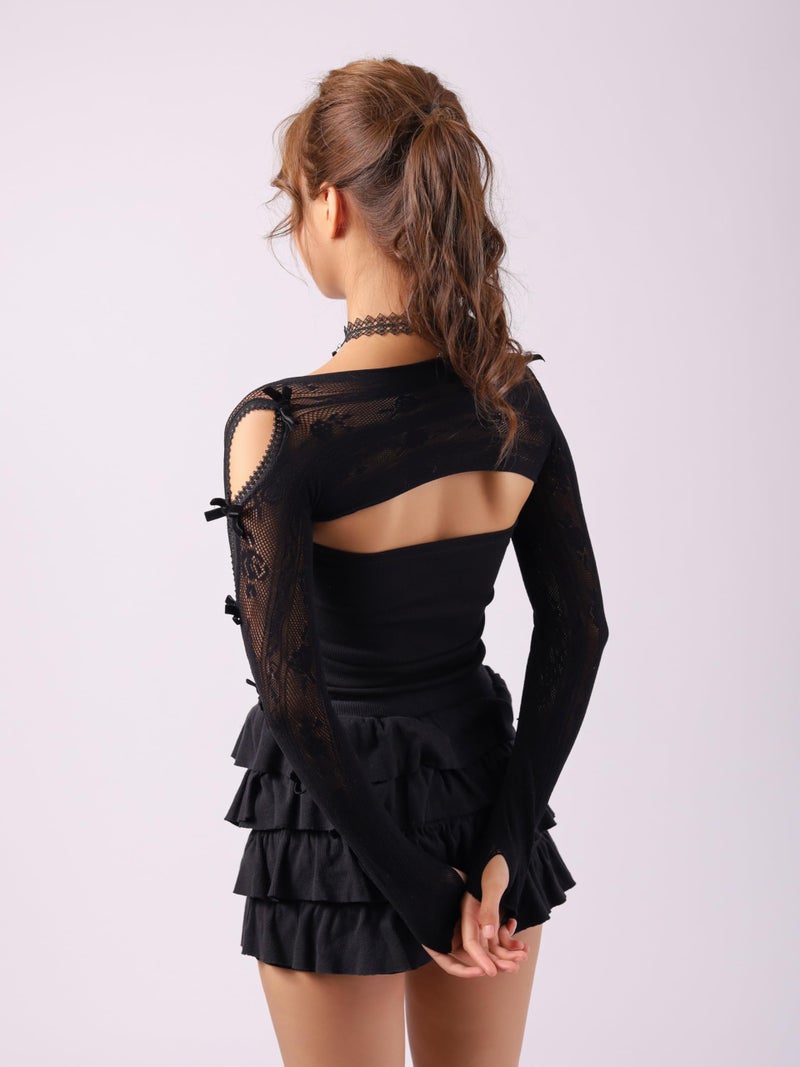 Sacina Black Bow Shrug, Floral Lace Shrug, Lace Sleeves, Gothic Emo Grunge Y2k Aesthetic Accessories - Image 5