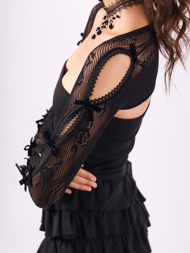 Sacina Black Bow Shrug, Floral Lace Shrug, Lace Sleeves, Gothic Emo Grunge Y2k Aesthetic Accessories - Image 3