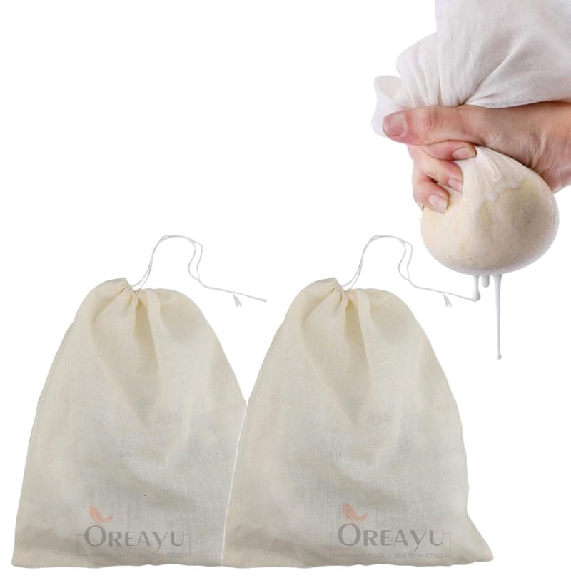 OREAYU Prime Muslin Cheese Nut Milk Cloth Bag For Kitchen, Unbleached Reusable Cotton Bags For Straining Juice As Strainer, Masala Potli, Spice Bag, Paneer, Curd, Cheese, 10X7Inches 2 Pcs, White - Image 1