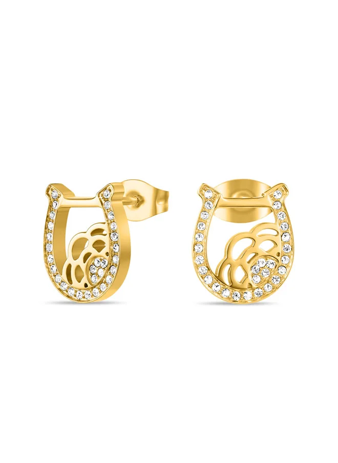 CERRUTI 1881 Camilla Gold-Plated Earrings, Horseshoe Stud with Crystal Accents and Filigree Detailing , Modern Elegance and Timeless Sophistication