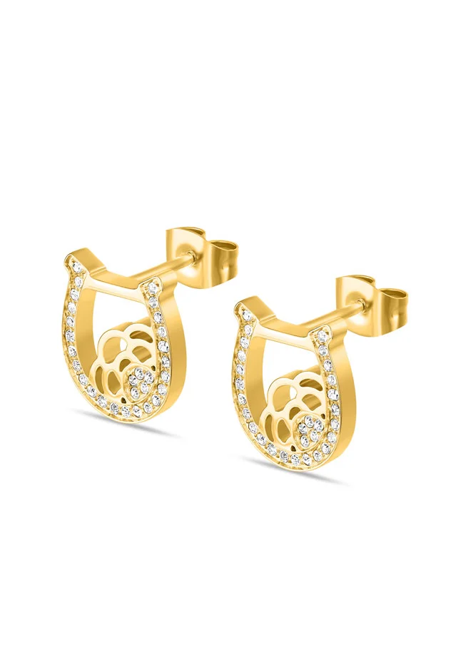 CERRUTI 1881 Camilla Gold-Plated Earrings, Horseshoe Stud with Crystal Accents and Filigree Detailing , Modern Elegance and Timeless Sophistication