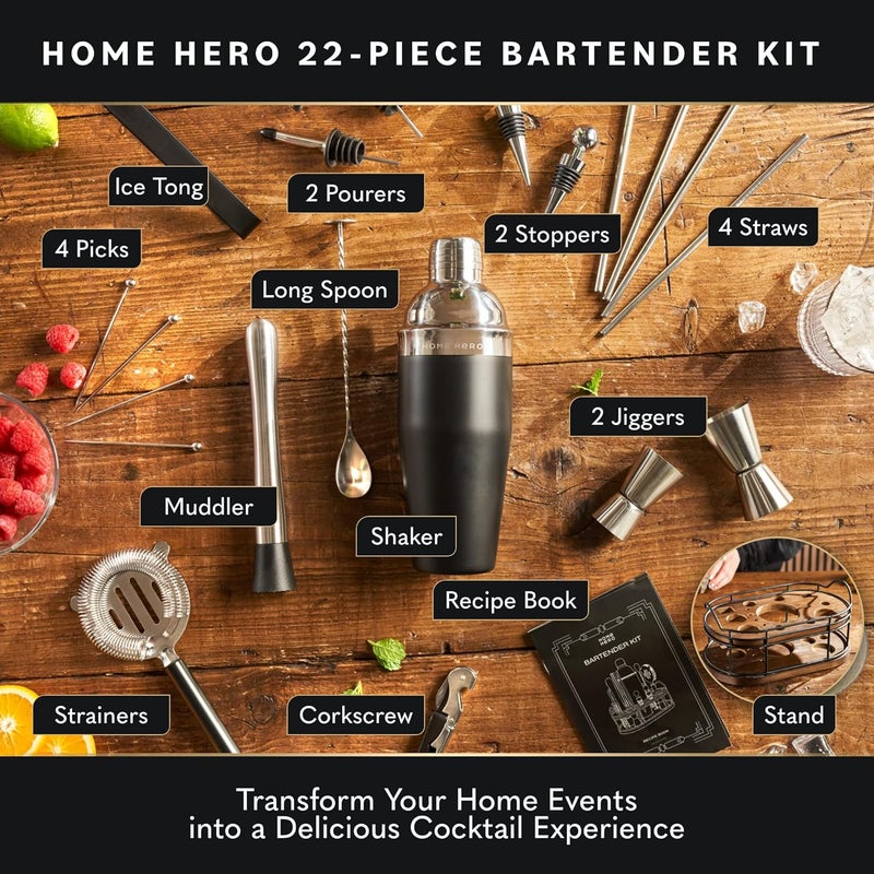 HomeHero طقم خلط المشروبات - 22 قطعة من أدوات الخلط وعرض الحامل الخشبي وإكسسوارات عربة البار - كتاب الوصفات وهدايا تدفئة المنزل - 22 قطعة، فضي - Image 2