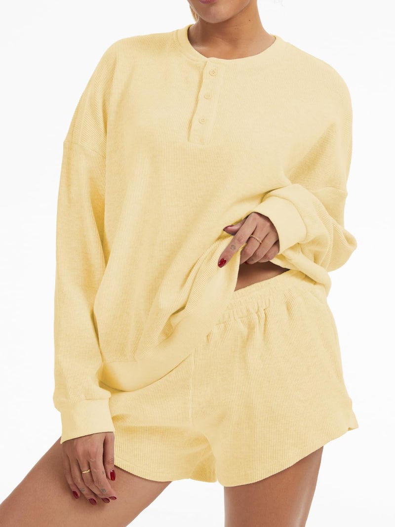 AnotherChill Women's Oversized Waffle Knit Lounge Set Long Sleeve Sweatshirt and High Waisted Shorts 2 Piece Casual Outfit (Yellow, Small) - Image 2