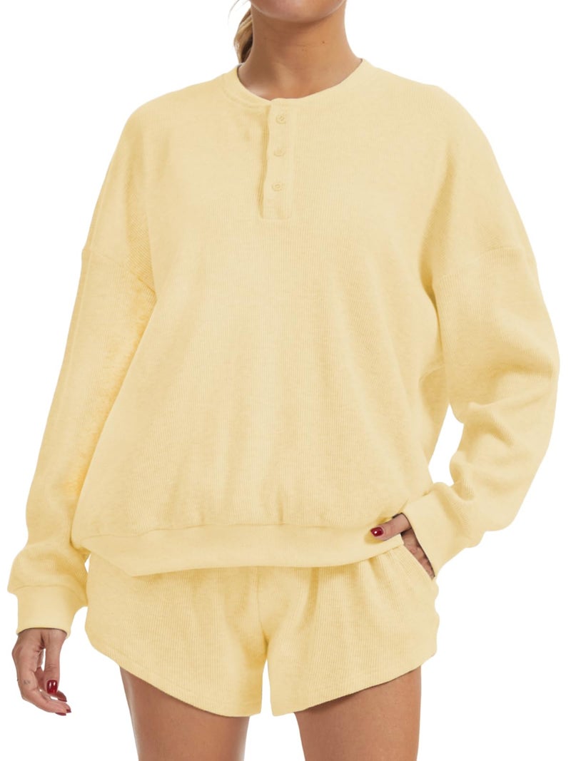 AnotherChill Women's Oversized Waffle Knit Lounge Set Long Sleeve Sweatshirt and High Waisted Shorts 2 Piece Casual Outfit (Yellow, Small) - Image 1
