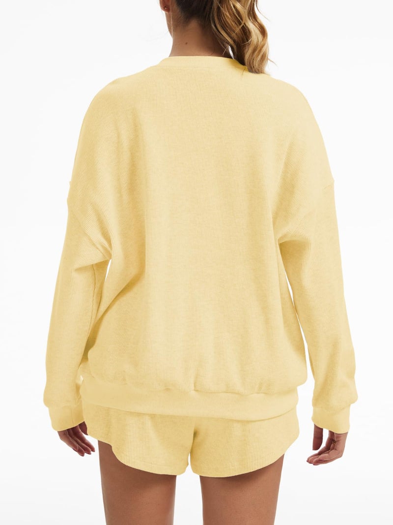 AnotherChill Women's Oversized Waffle Knit Lounge Set Long Sleeve Sweatshirt and High Waisted Shorts 2 Piece Casual Outfit (Yellow, Small) - Image 4