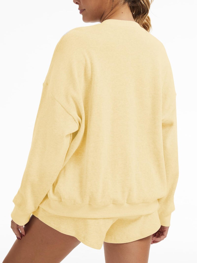 AnotherChill Women's Oversized Waffle Knit Lounge Set Long Sleeve Sweatshirt and High Waisted Shorts 2 Piece Casual Outfit (Yellow, Small) - Image 3