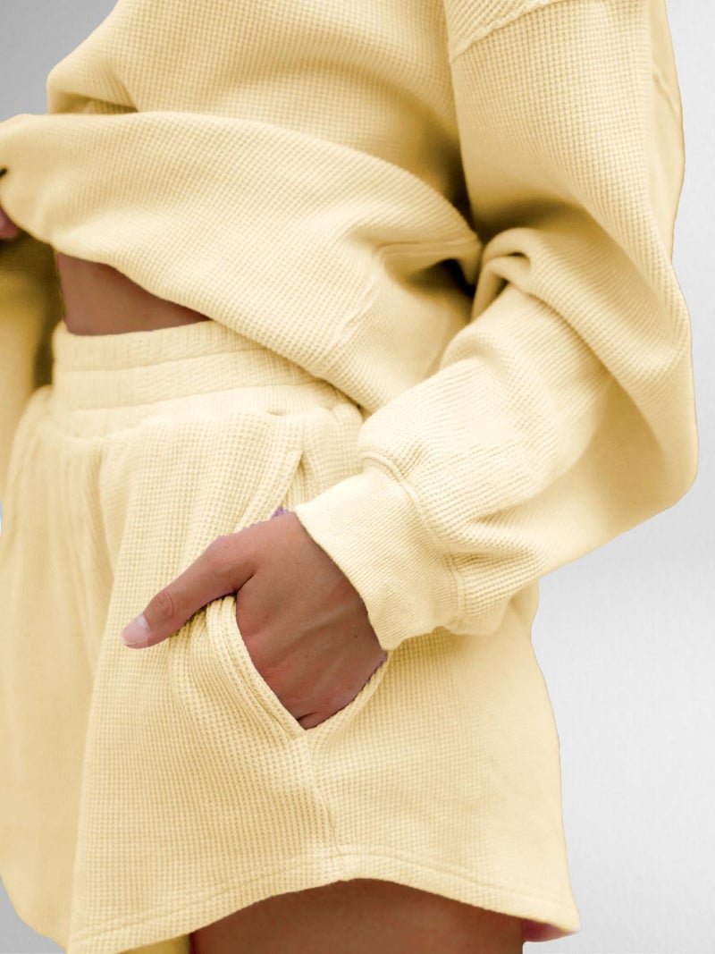 AnotherChill Women's Oversized Waffle Knit Lounge Set Long Sleeve Sweatshirt and High Waisted Shorts 2 Piece Casual Outfit (Yellow, Small) - Image 5