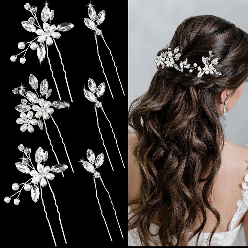 6 Pieces Bride Hair Pins Rhinestones Hair Accessories for Women Crystal Wedding Hair Piece for Bride Women Girls Bridesmaids