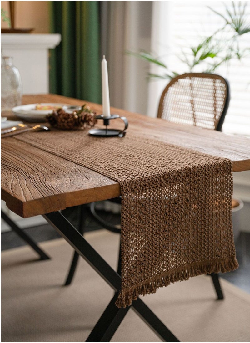 Generic Boho Brown Table Runner Vintage Farmhouse Bohemian Crochet Macrame Table Runner for Wedding Party Coffee Dining Table Decor Brown 30*180cm  - Image 1