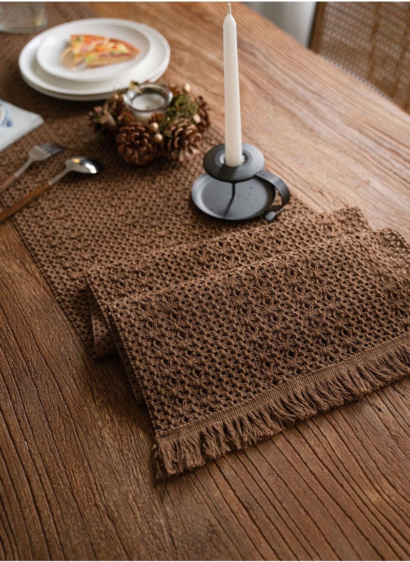 Generic Boho Brown Table Runner Vintage Farmhouse Bohemian Crochet Macrame Table Runner for Wedding Party Coffee Dining Table Decor Brown 30*180cm  - Image 5
