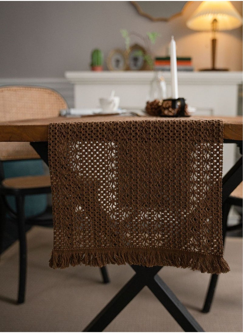 Generic Boho Brown Table Runner Vintage Farmhouse Bohemian Crochet Macrame Table Runner for Wedding Party Coffee Dining Table Decor Brown 30*180cm  - Image 3