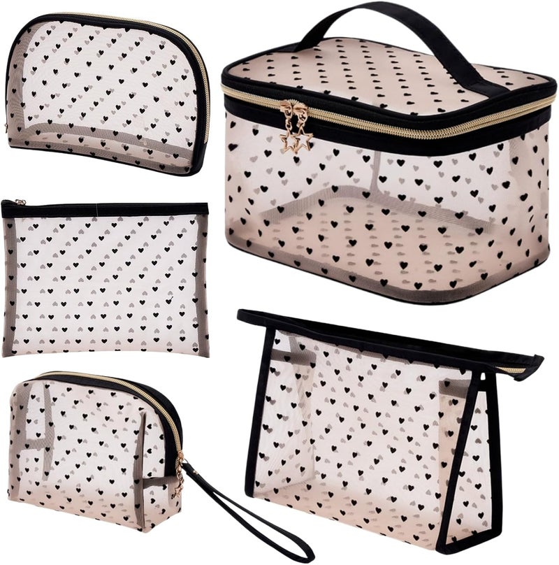 5 Pieces Set Mesh Makeup Bag - Transparent Cosmetic Bag for Women & Girls - Image 1