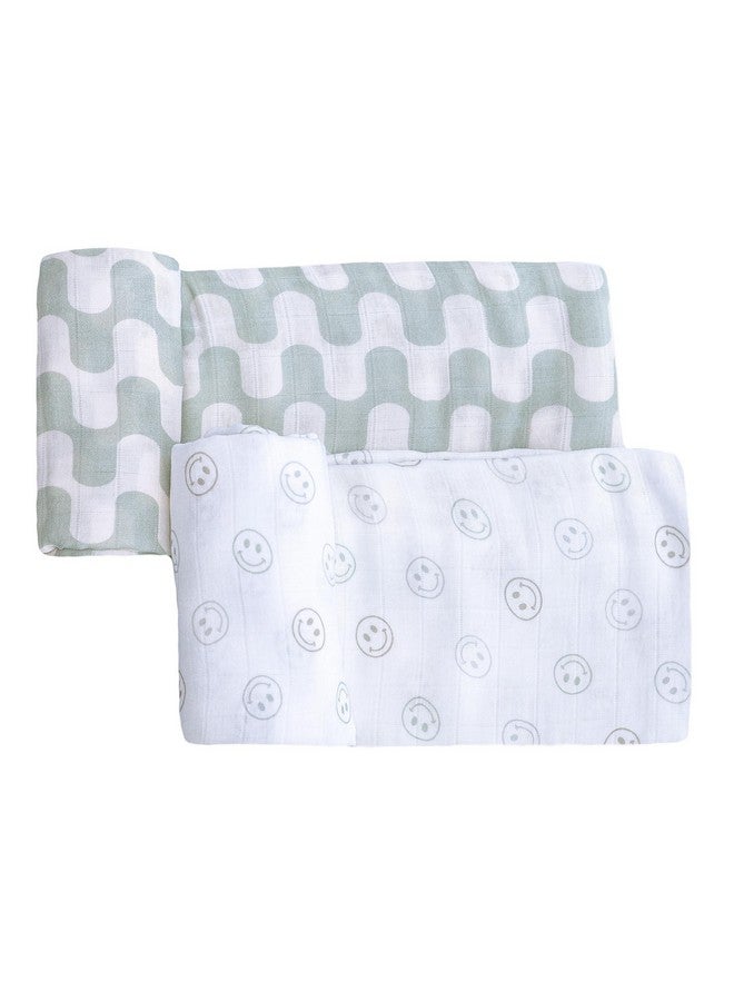 TAB Muslin Swaddle Blankets - Set of 2 Gender Neutral Patterns- Large 47"x47",Organic Cotton & Viscose from Bamboo, Extra Soft Newborn Swaddles, Baby Shower for Boys & Girls (Green Waves & Smileys) - Image 1