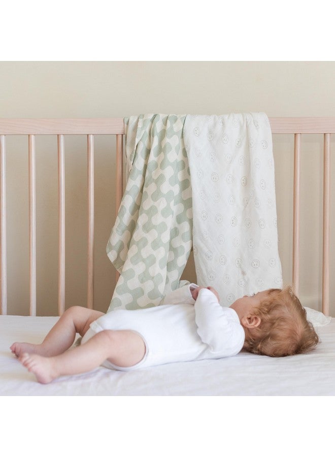 TAB Muslin Swaddle Blankets - Set of 2 Gender Neutral Patterns- Large 47"x47",Organic Cotton & Viscose from Bamboo, Extra Soft Newborn Swaddles, Baby Shower for Boys & Girls (Green Waves & Smileys) - Image 3