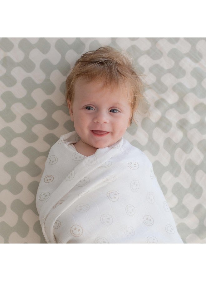 TAB Muslin Swaddle Blankets - Set of 2 Gender Neutral Patterns- Large 47"x47",Organic Cotton & Viscose from Bamboo, Extra Soft Newborn Swaddles, Baby Shower for Boys & Girls (Green Waves & Smileys) - Image 2