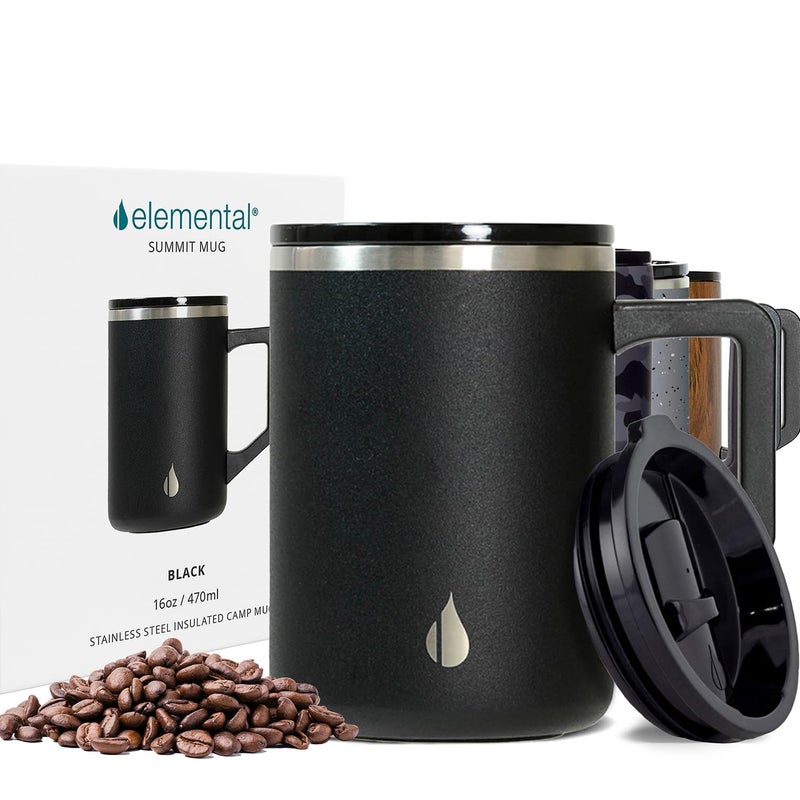 Elemental Insulated Coffee Mug  TripleWall Stainless Steel Summit Travel Cup for Hot and Cold Drinks  Thermal Coffee Mug with Lid and Handle for Camping Office  Travel 16oz  Black