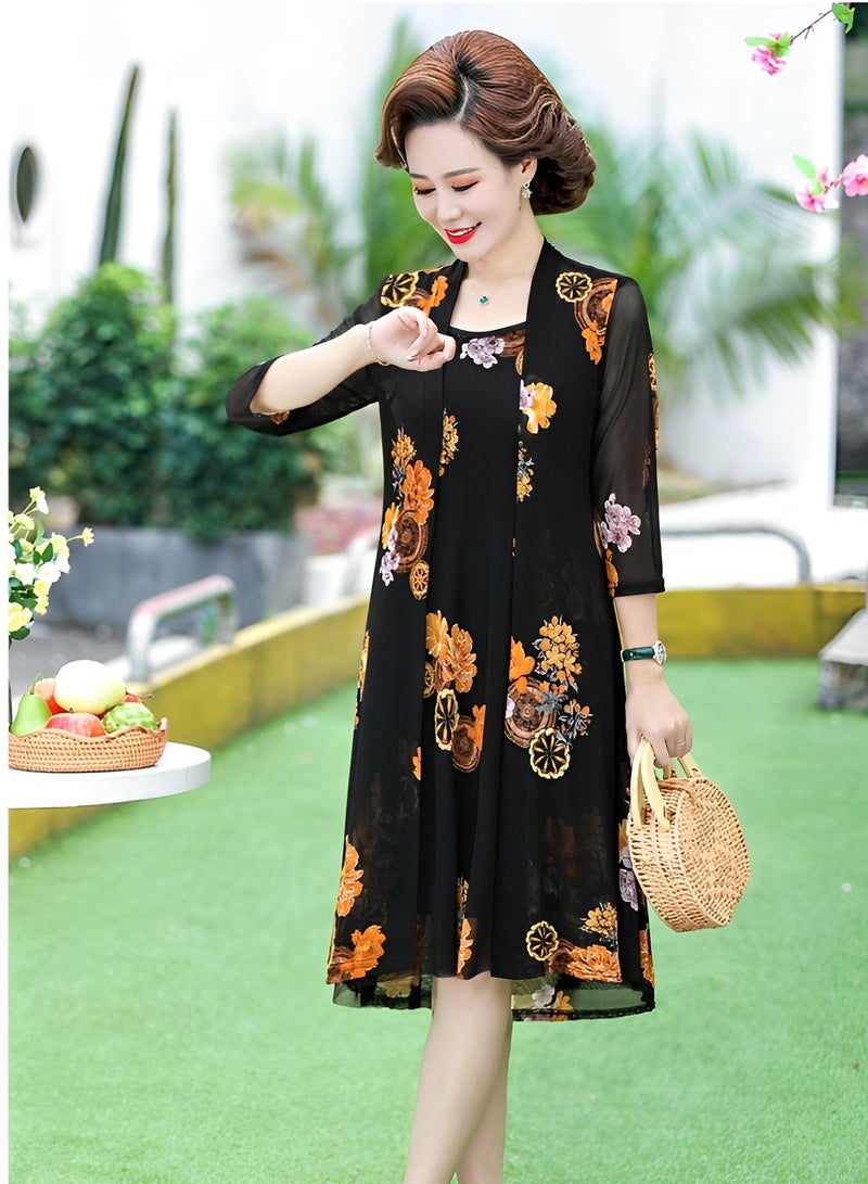 REOCLE Women's Maxi Dress 2 Pieces Sleeveless Floral Round Neck Long Dress Floral Tulle Coat Flowy Party  Maxi Dress Set - Image 2