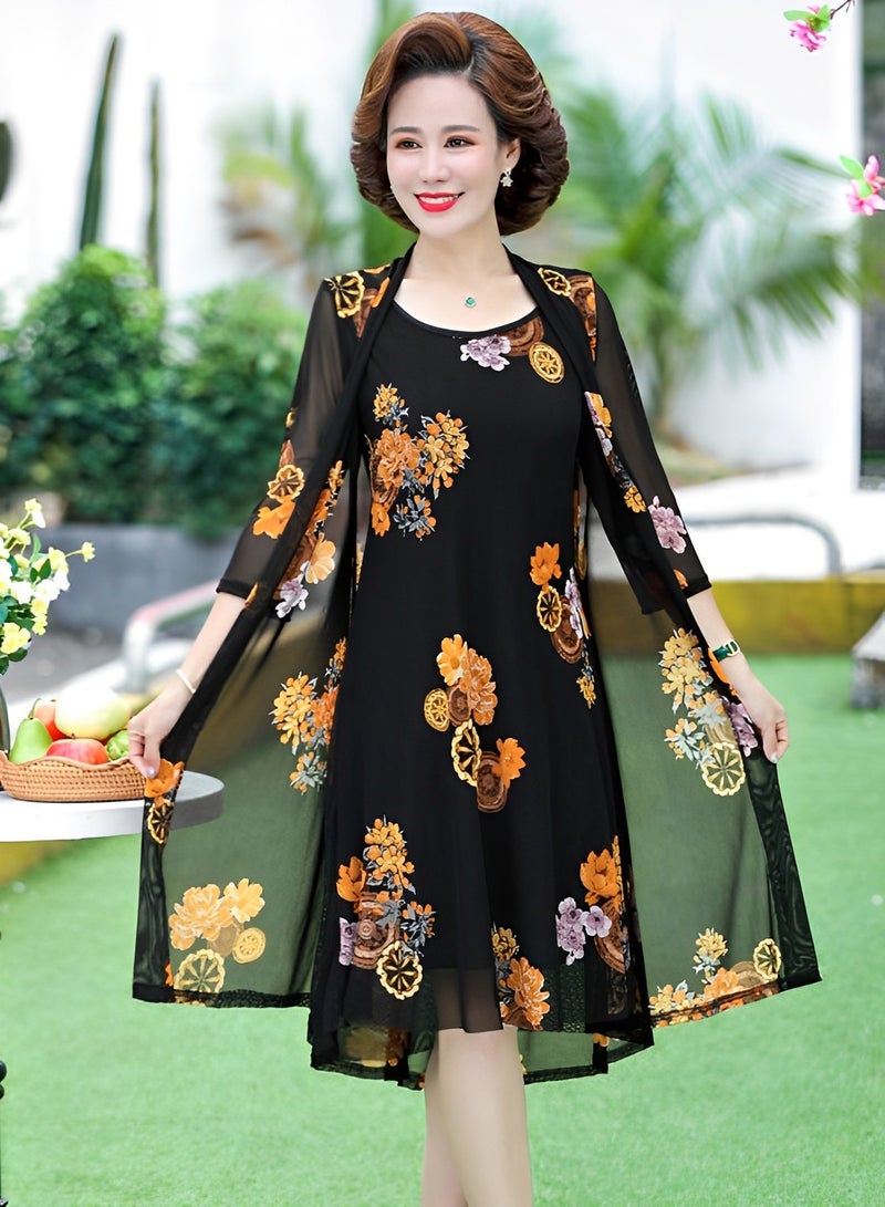 REOCLE Women's Maxi Dress 2 Pieces Sleeveless Floral Round Neck Long Dress Floral Tulle Coat Flowy Party  Maxi Dress Set - Image 3