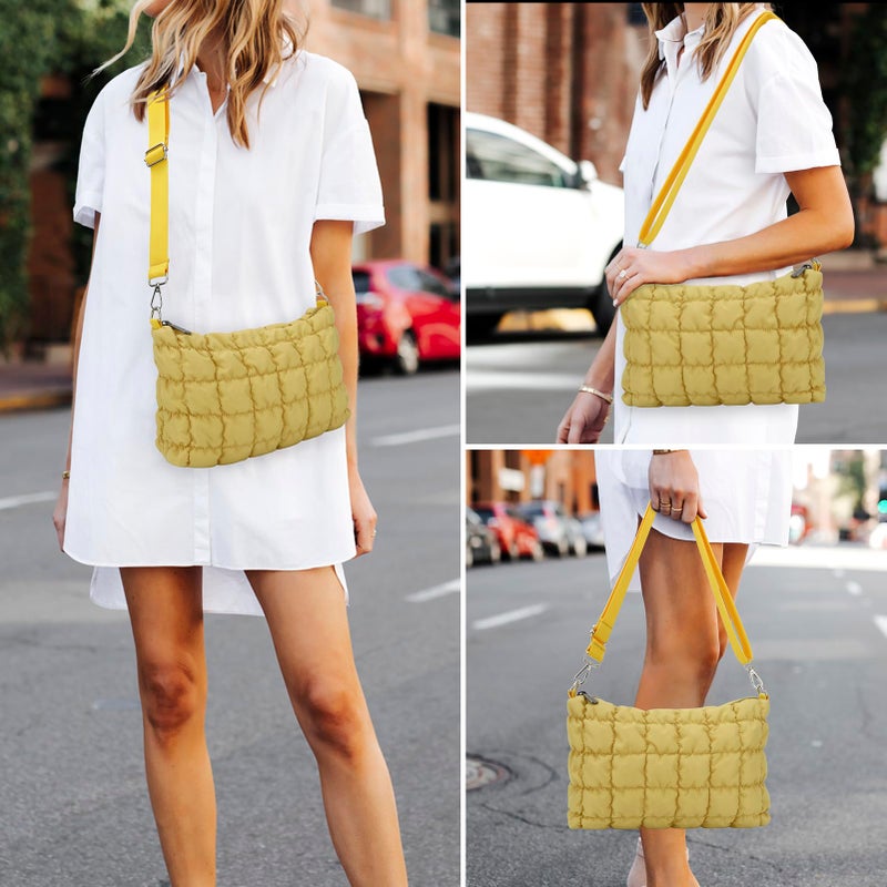 E-Tree Quilted Crossbody Bags for Women Men, Puffer Handbag Purse with Shoulder Strap (Yellow) - Image 2