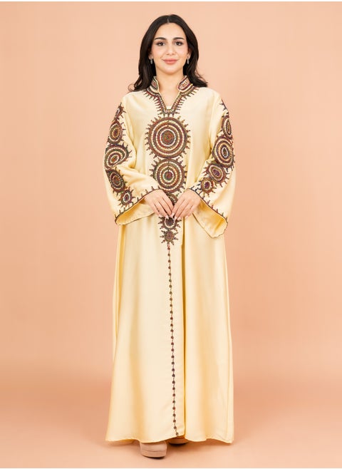 Solid Embroidered Jalabiya IK1008 Yellow