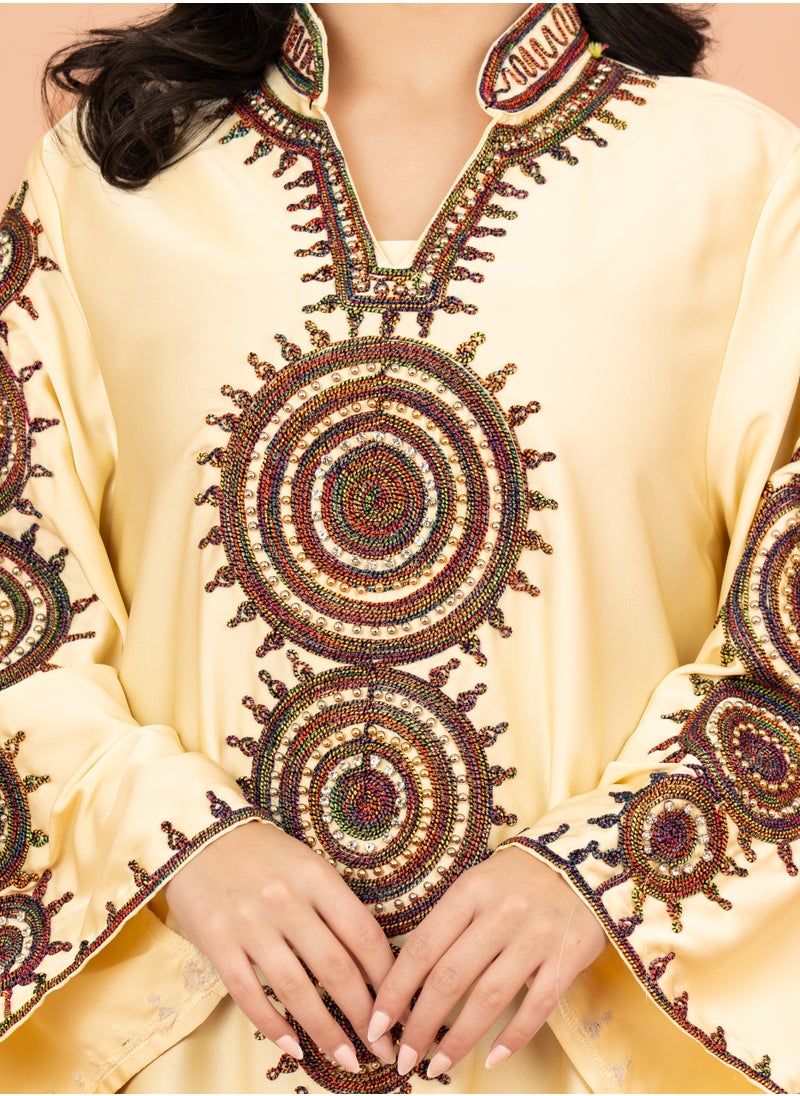 IKKXA Solid Embroidered Jalabiya IK1008 Yellow  - Image 2
