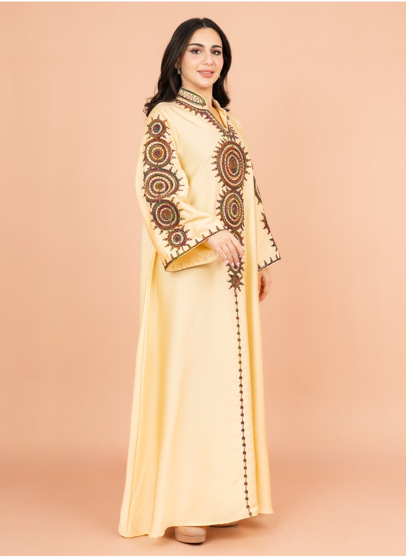 IKKXA Solid Embroidered Jalabiya IK1008 Yellow  - Image 3